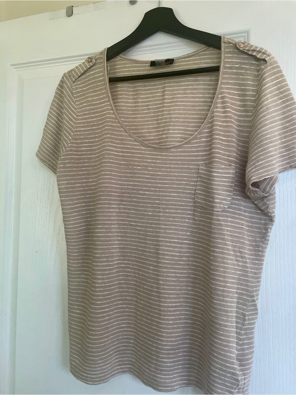 Renuar Light Taupe and White Striped Short-Sleeve Scoop Neck Top